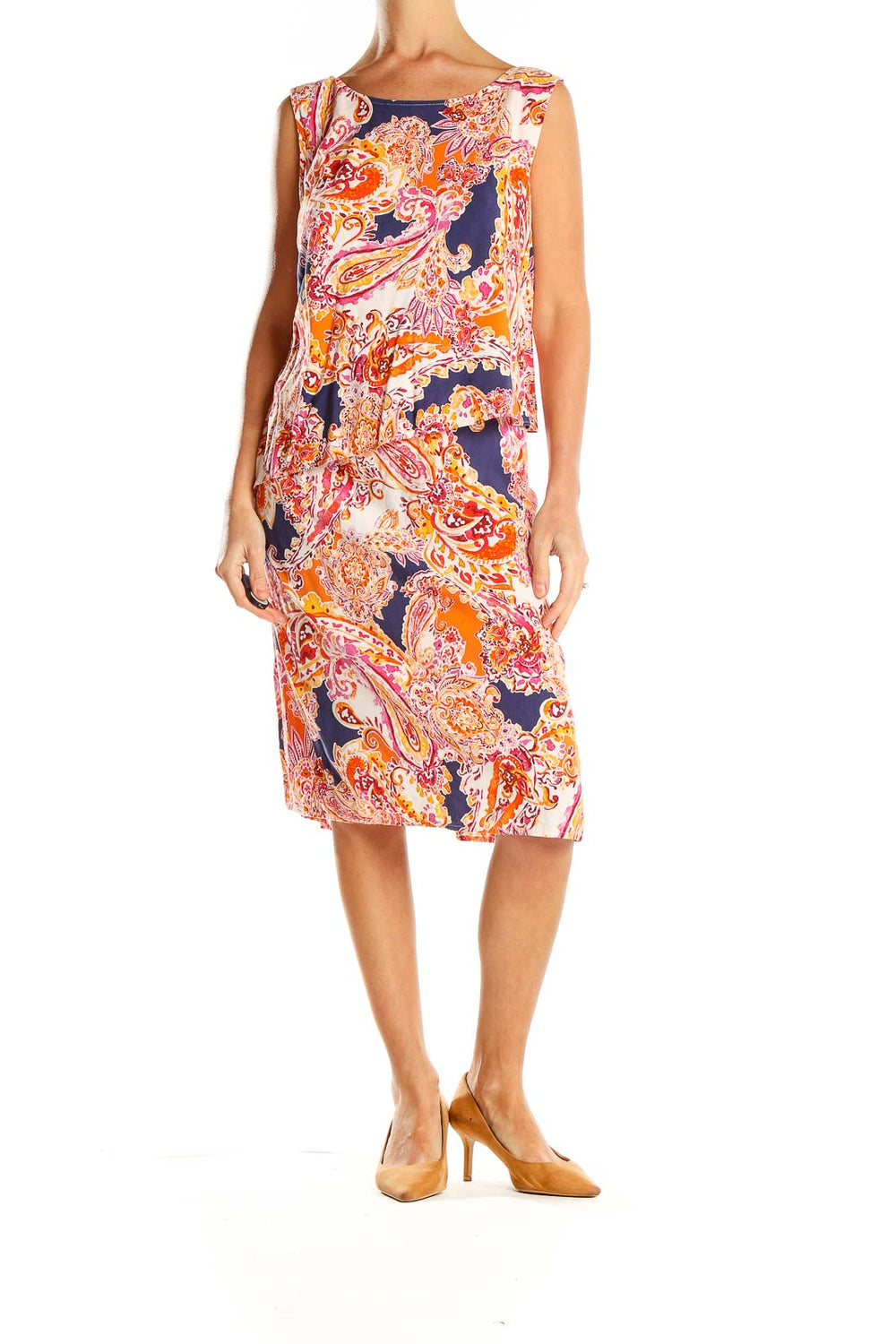 Front view of J.Jill navy paisley print sleeveless midi dress