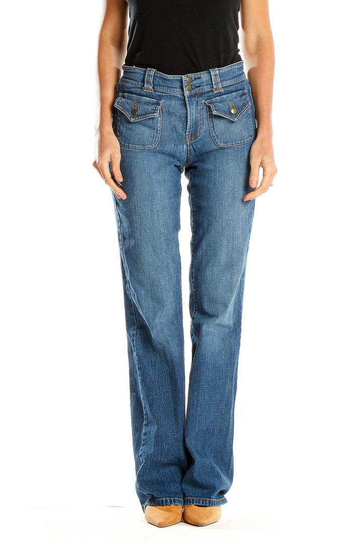 Front view of Cache blue wide-leg jeans with flap pockets