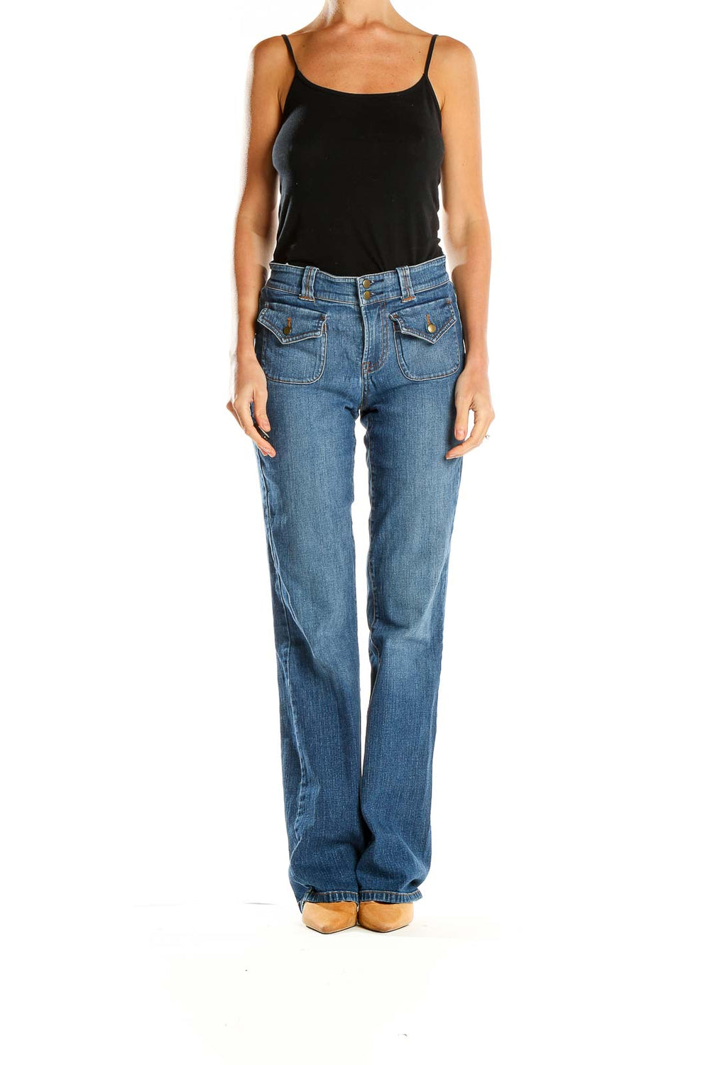 Front view of Cache blue wide-leg jeans with flap pockets