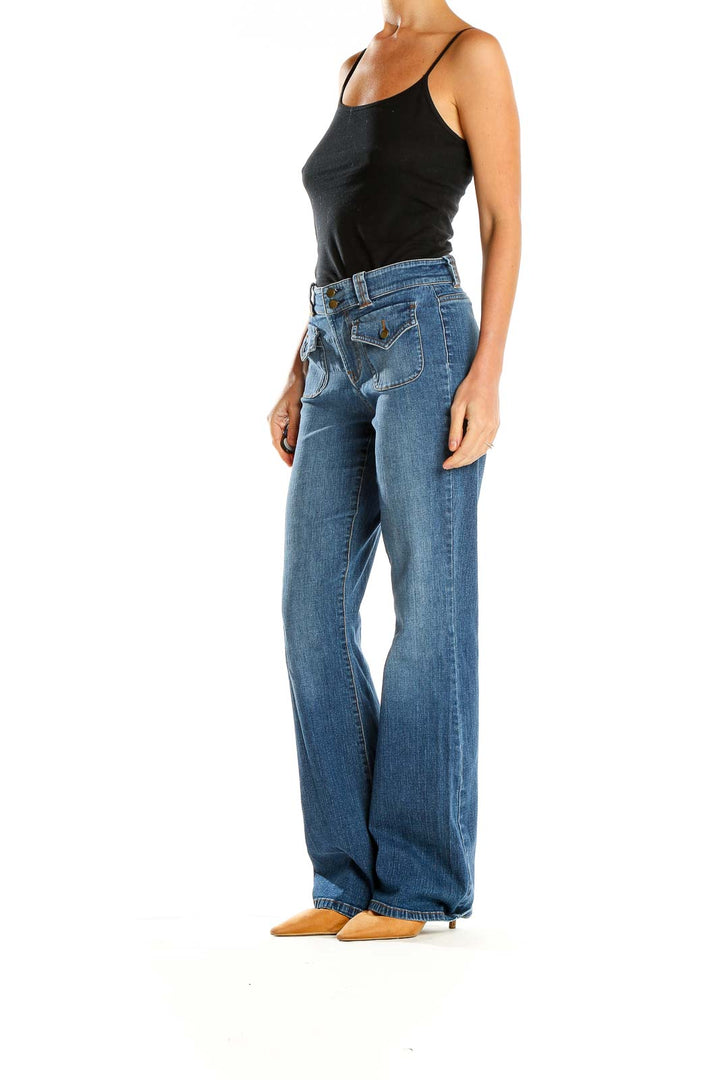 Front view of Cache blue wide-leg jeans with flap pockets