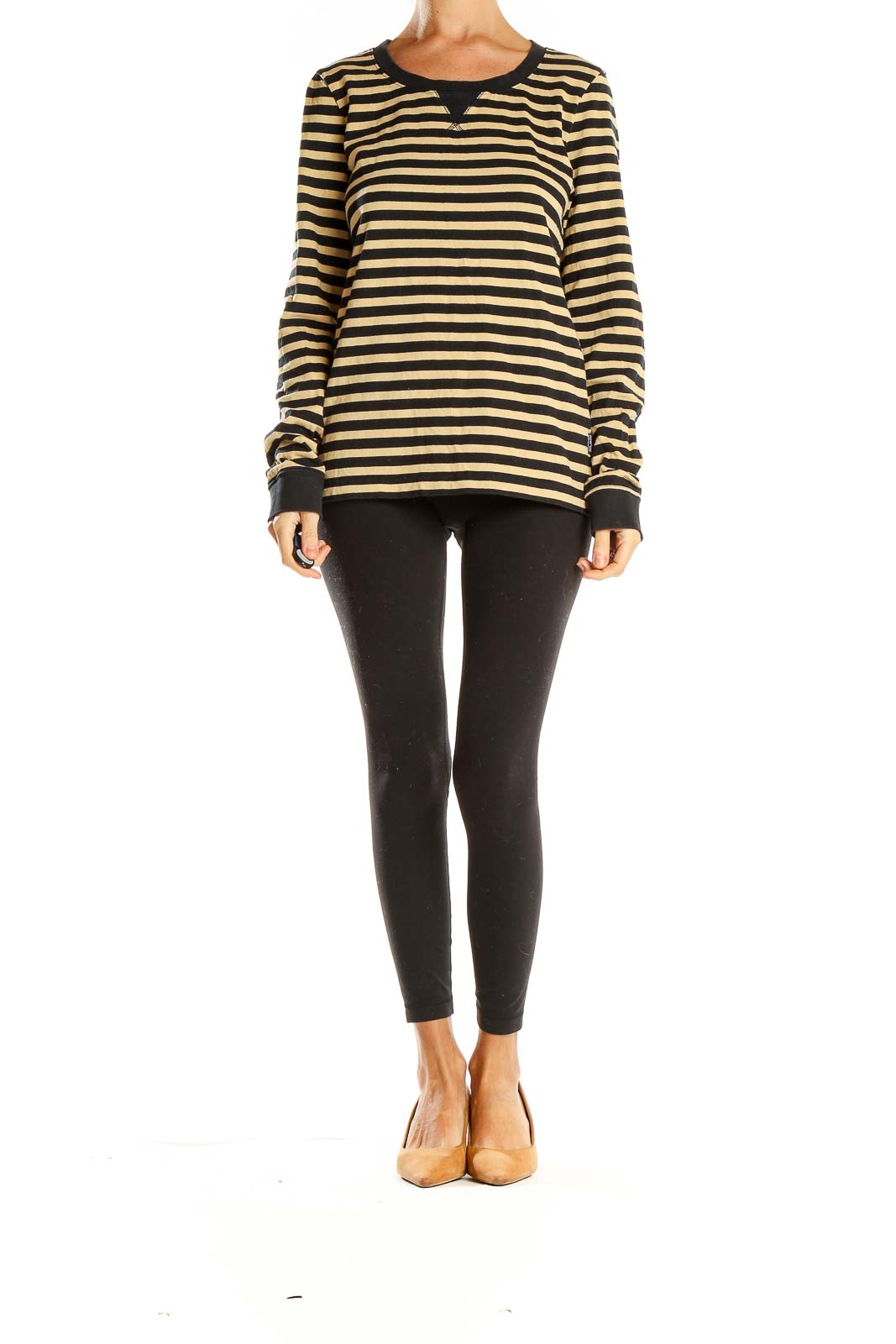 Front view of Patagonia black and tan striped long sleeve knit top