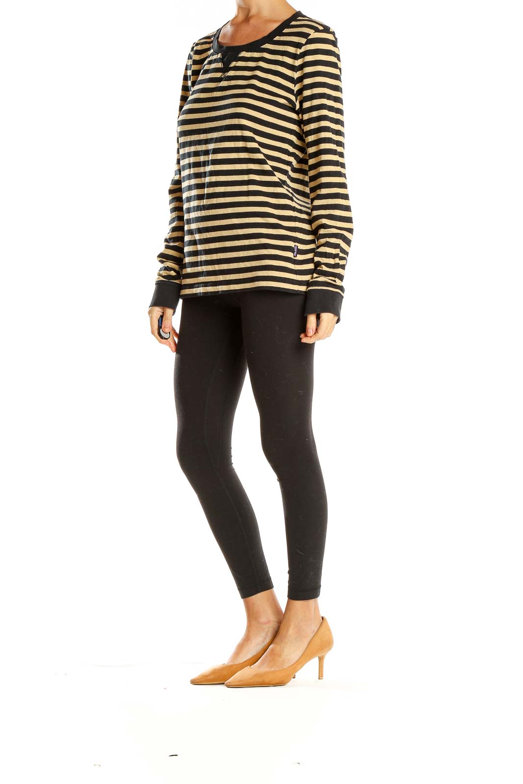 Front view of Patagonia black and tan striped long sleeve knit top