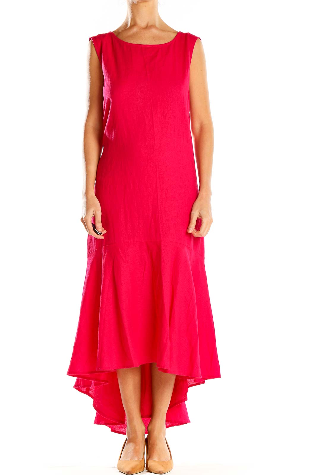Front view of red sleeveless high-low maxi dress by For Cynthia
