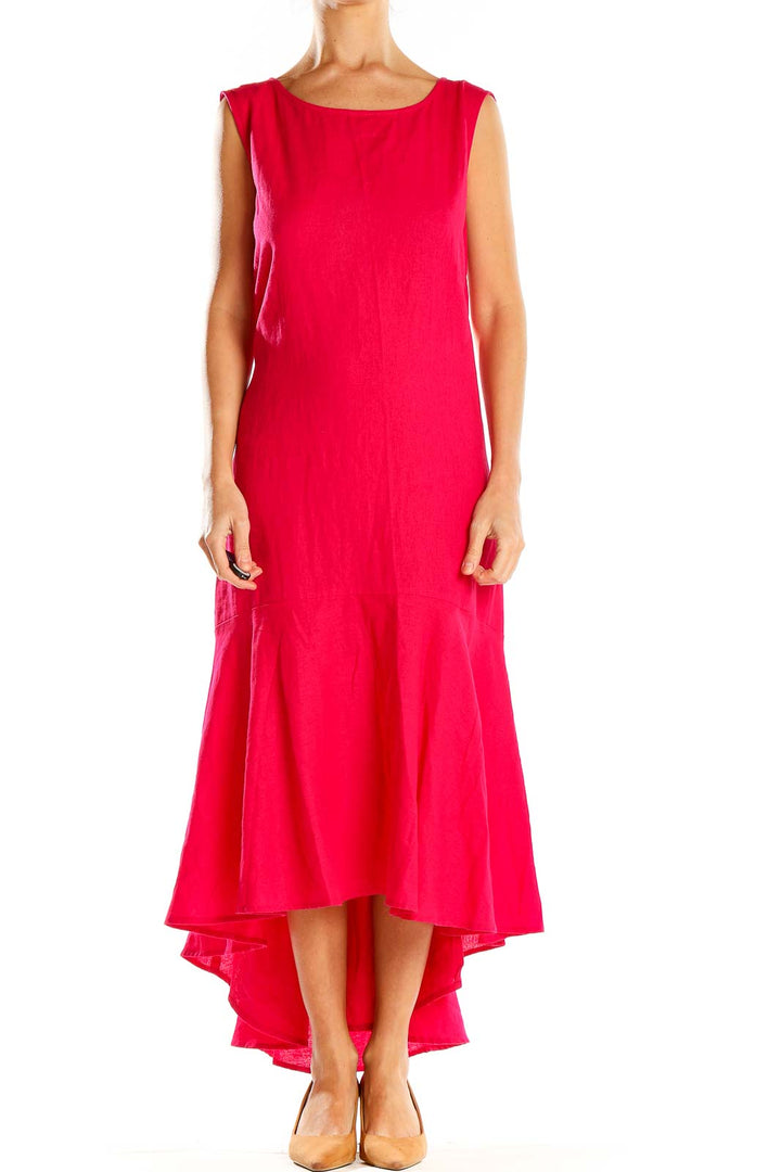 Front view of red sleeveless high-low maxi dress by For Cynthia