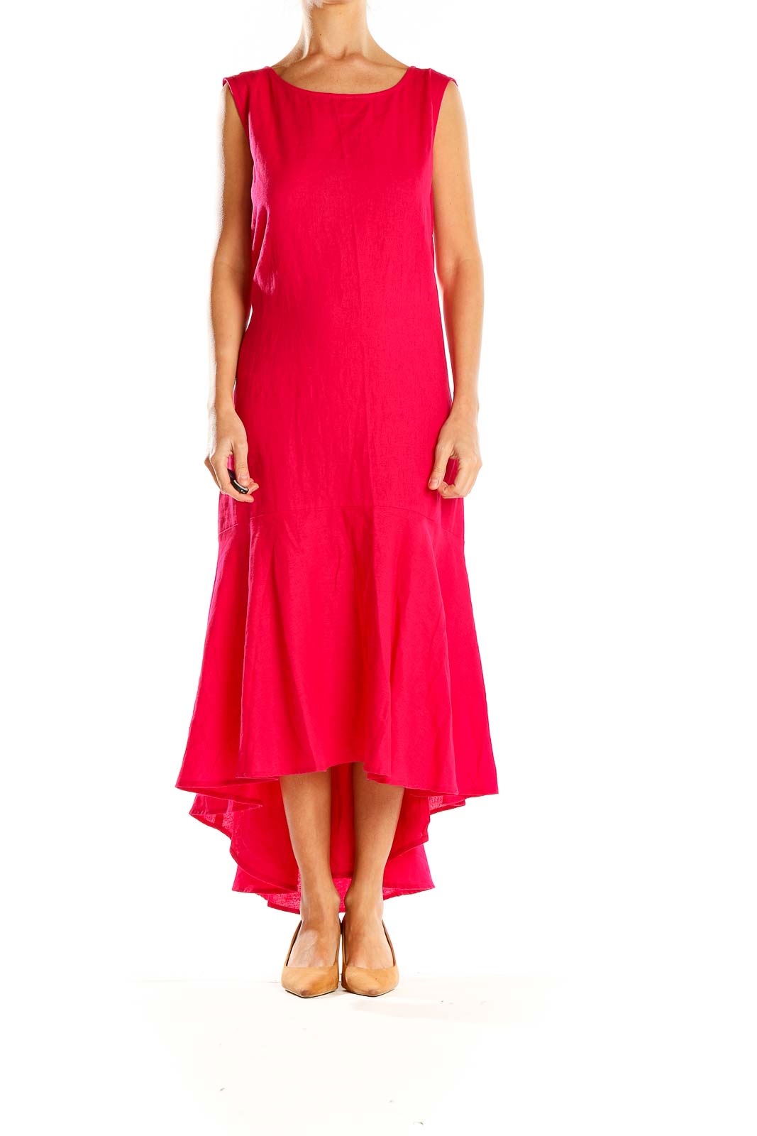 Front view of red sleeveless high-low maxi dress by For Cynthia