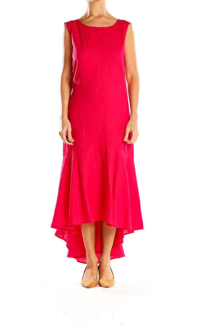 Front view of red sleeveless high-low maxi dress by For Cynthia