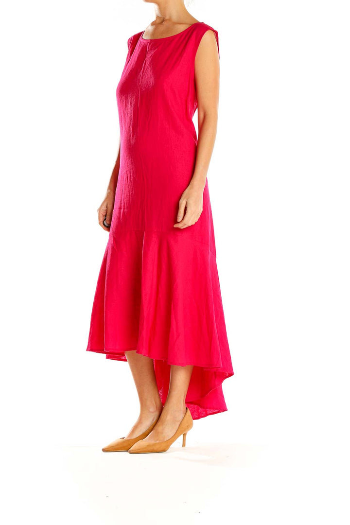 Front view of red sleeveless high-low maxi dress by For Cynthia