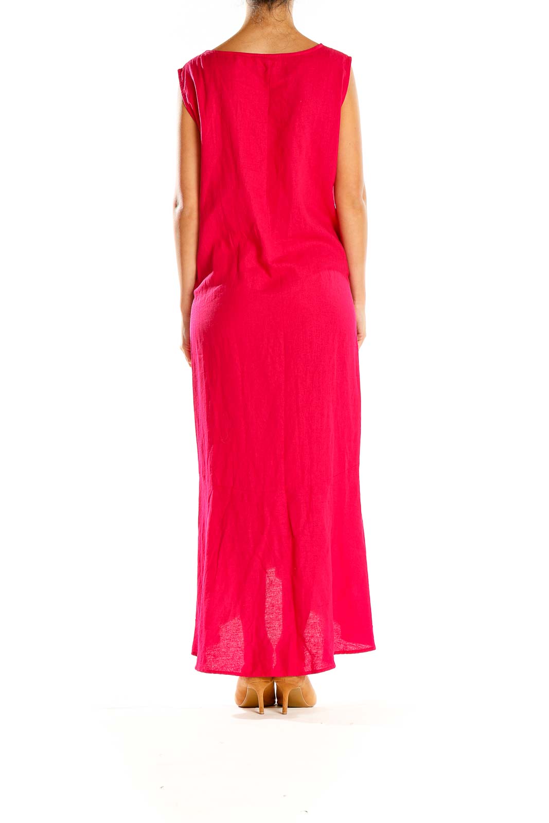 Side view of red sleeveless high-low maxi dress by For Cynthia