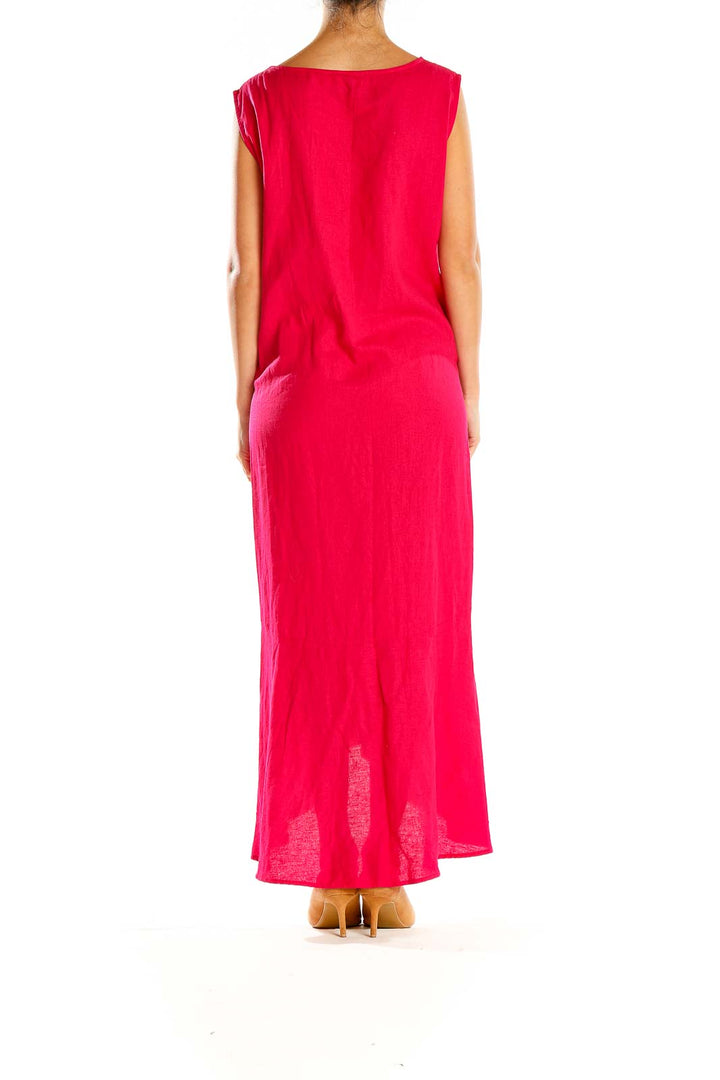 Side view of red sleeveless high-low maxi dress by For Cynthia