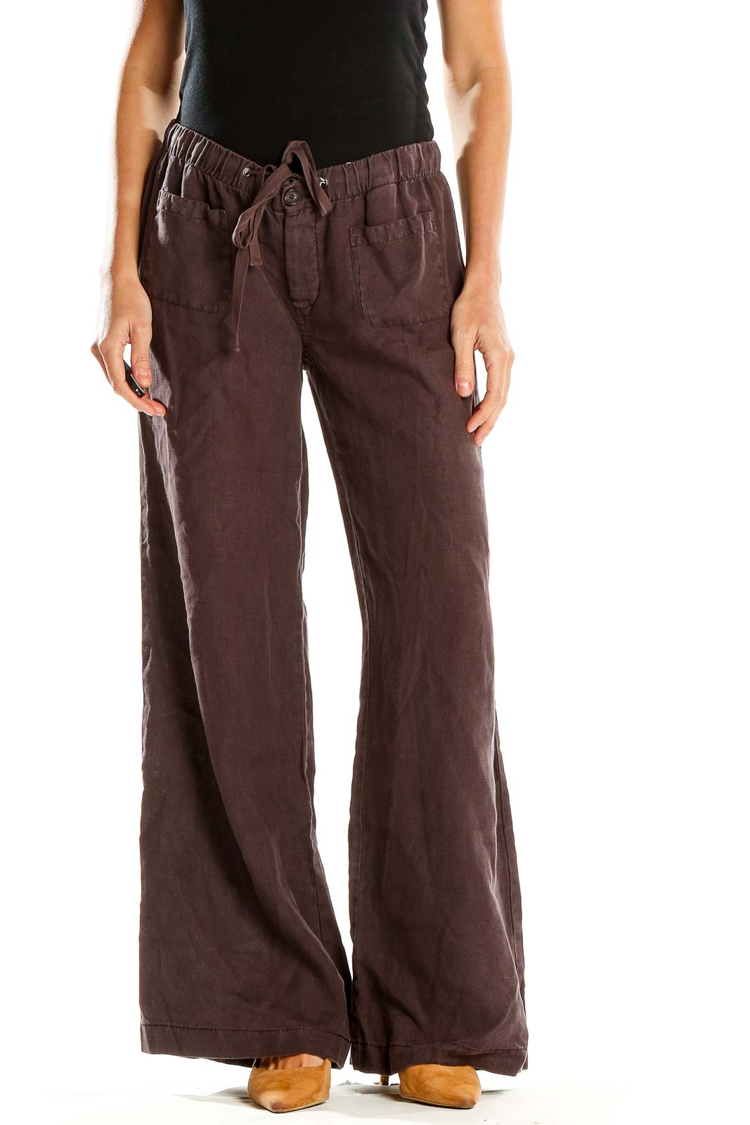 Front view of Joie brown wide-leg linen pants with drawstring waist