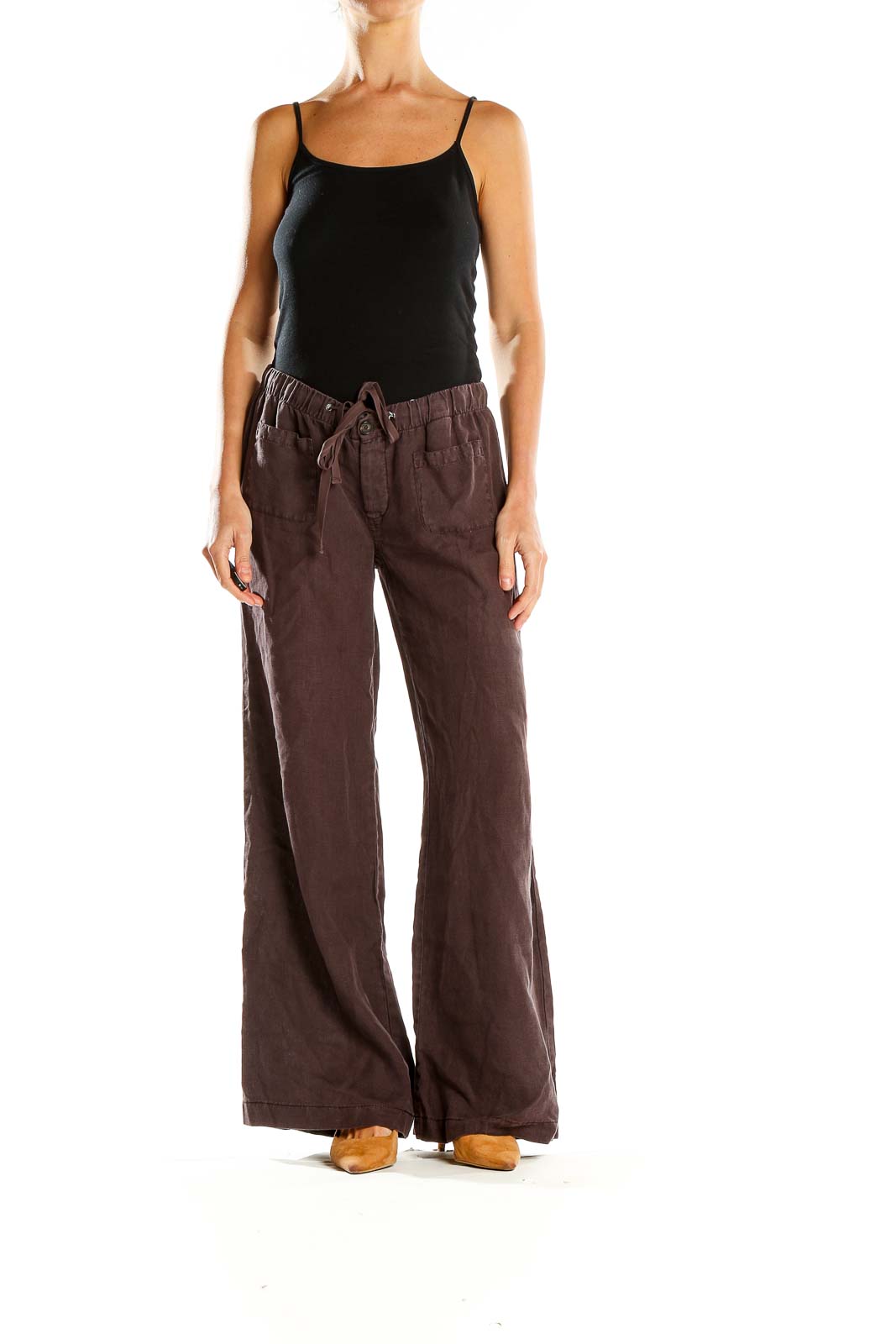 Front view of Joie brown wide-leg linen pants with drawstring waist