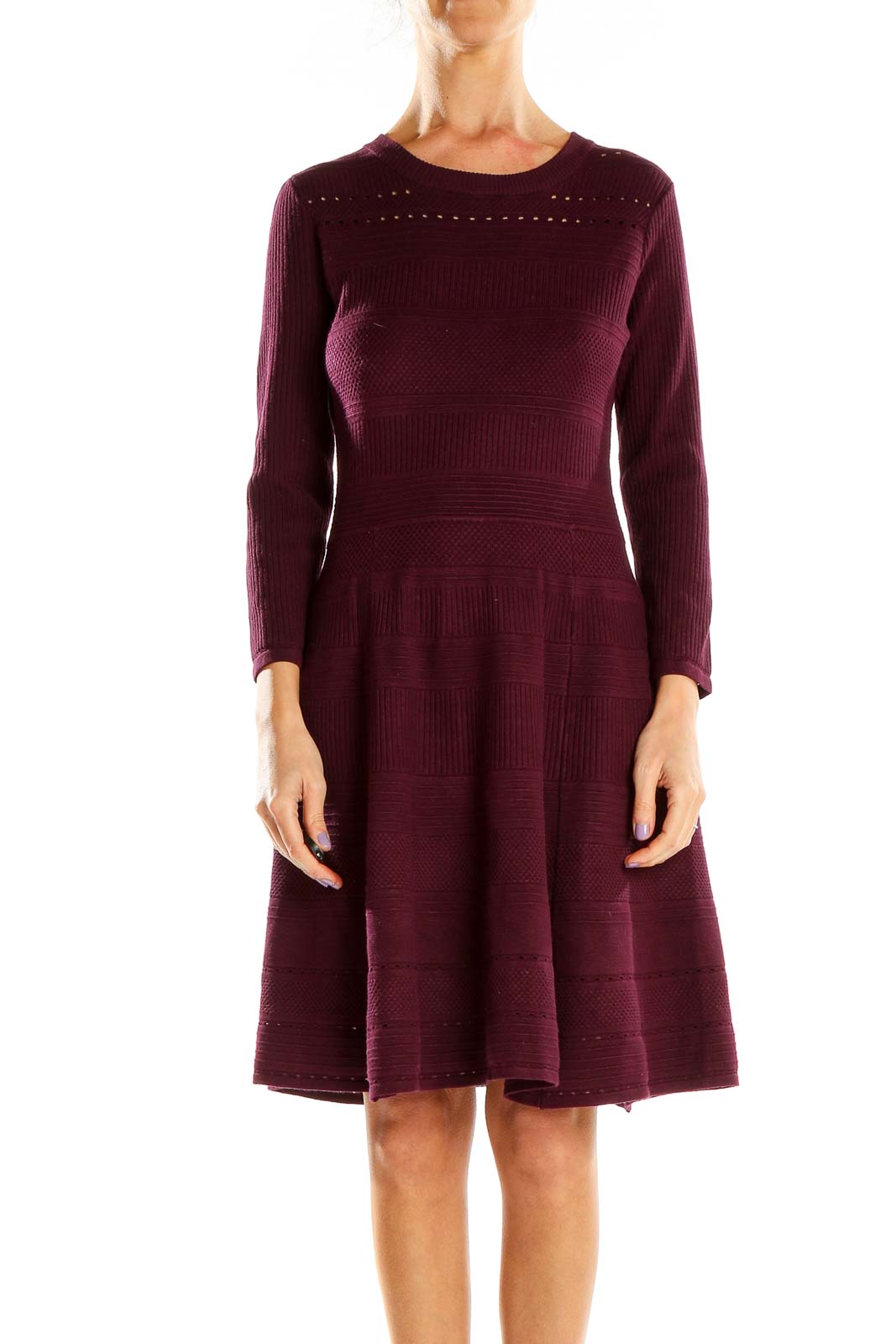 Front view of Eliza J burgundy knit fit-and-flare dress with long sleeves