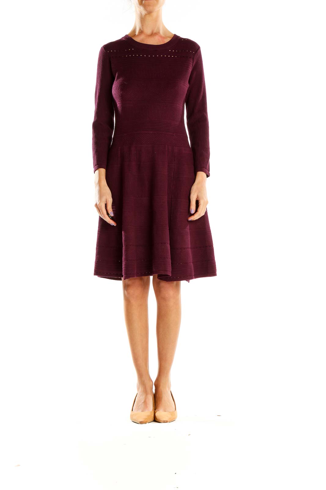 Front view of Eliza J burgundy knit fit-and-flare dress with long sleeves