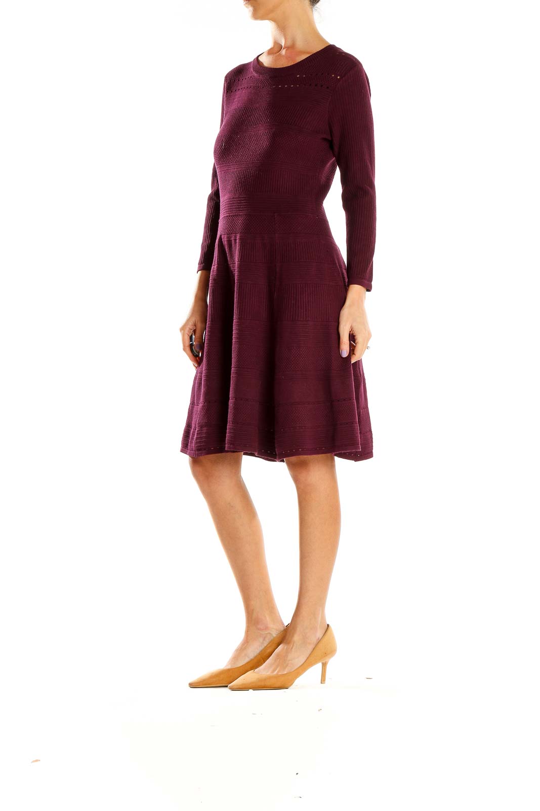 Front view of Eliza J burgundy knit fit-and-flare dress with long sleeves