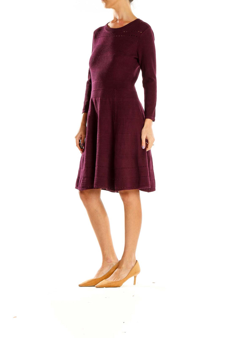 Front view of Eliza J burgundy knit fit-and-flare dress with long sleeves