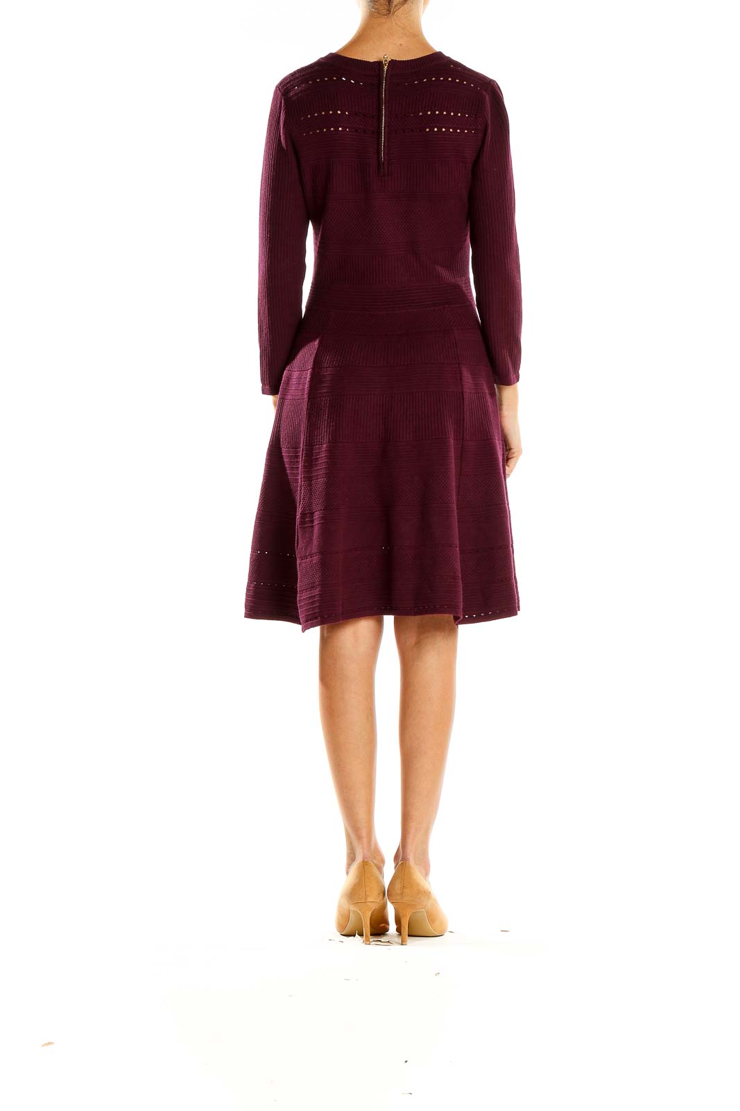 Side view of Eliza J burgundy knit fit-and-flare dress showing silhouette