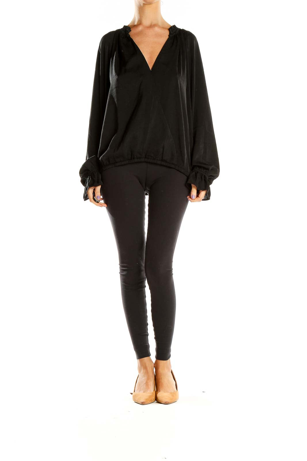 Front view of Banana Republic black V-neck flowy blouse with gathered neckline