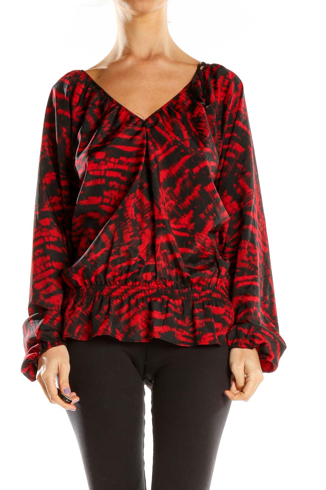 Front view of MICHAEL Michael Kors red abstract print V-neck blouse