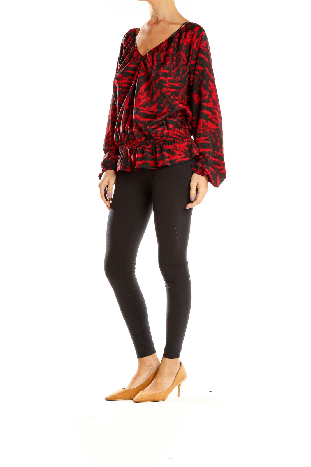 Front view of MICHAEL Michael Kors red abstract print V-neck blouse