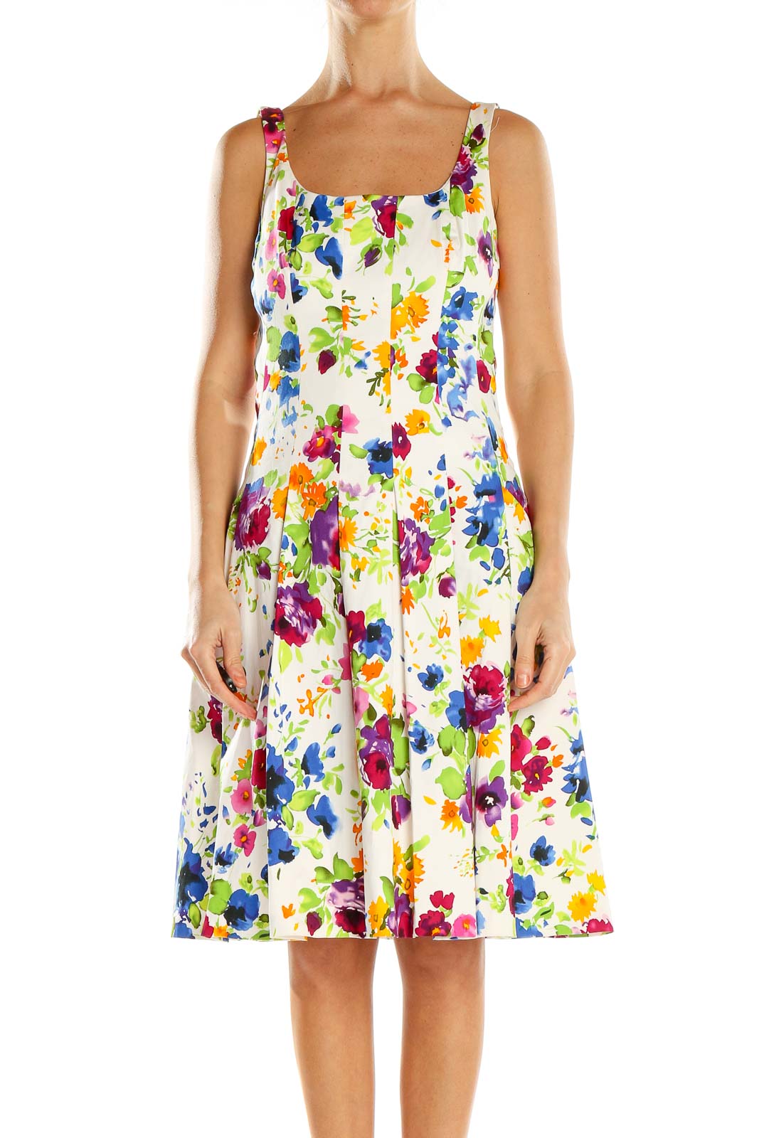 Front view of American Living multicolor floral sleeveless summer dress