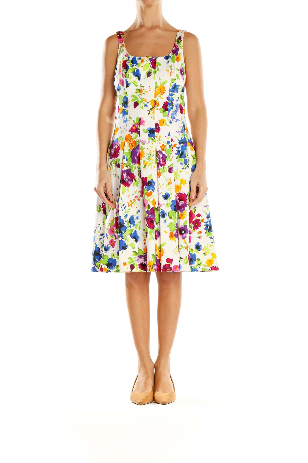 Front view of American Living multicolor floral sleeveless summer dress