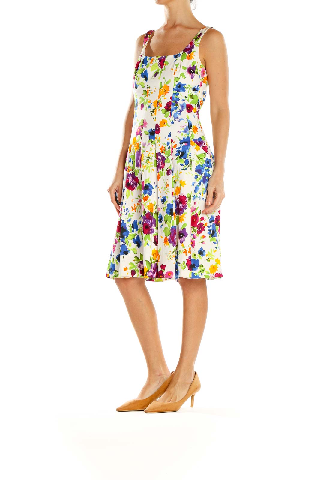Front view of American Living multicolor floral sleeveless summer dress