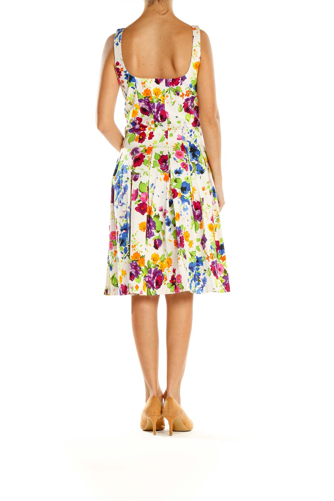 Side view of American Living multicolor floral sleeveless summer dress