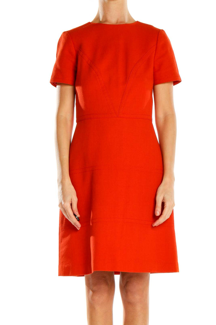 Front view of red short-sleeve A-line dress from Banana Republic
