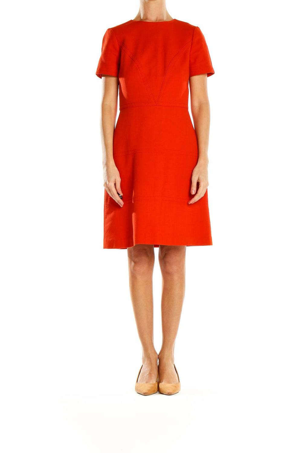 Front view of red short-sleeve A-line dress from Banana Republic