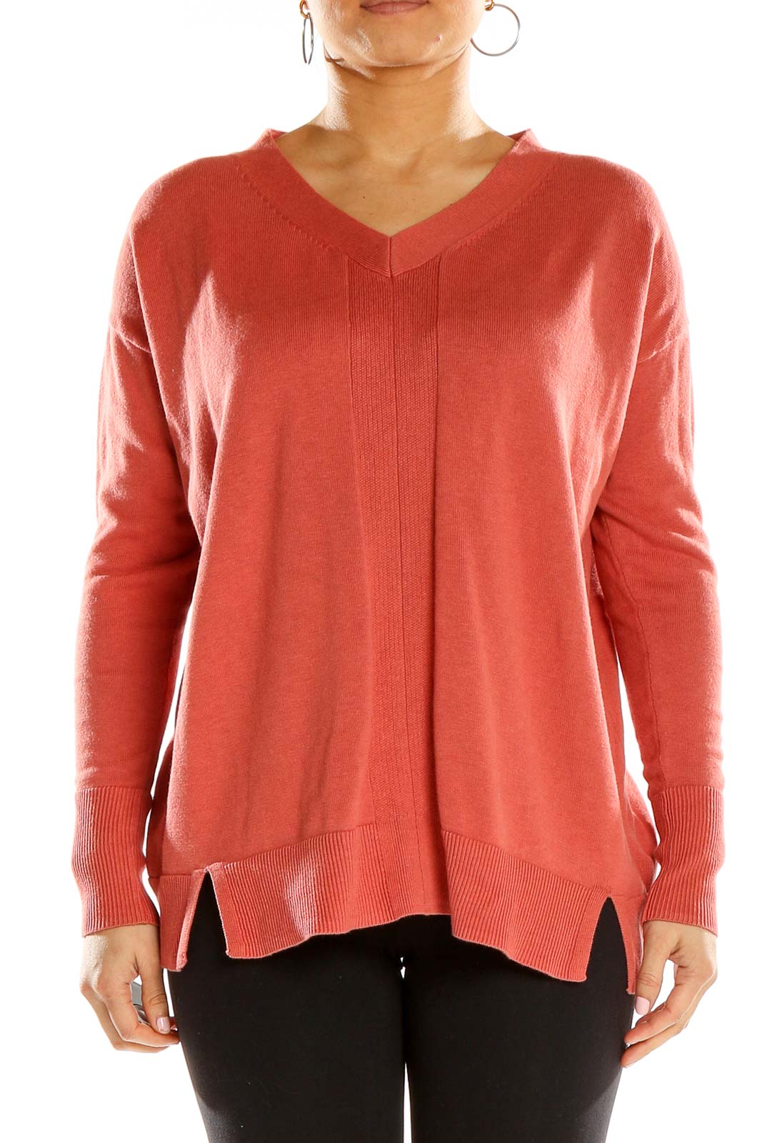 Front view of H by Halston coral V-neck long sleeve knit sweater
