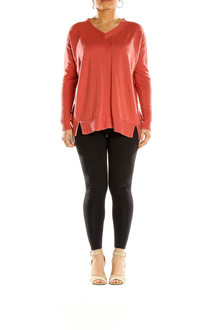 Front view of H by Halston coral V-neck long sleeve knit sweater