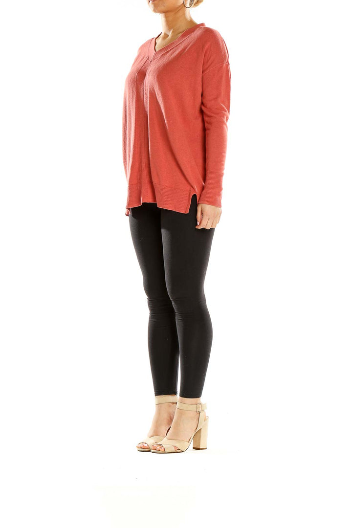 Front view of H by Halston coral V-neck long sleeve knit sweater
