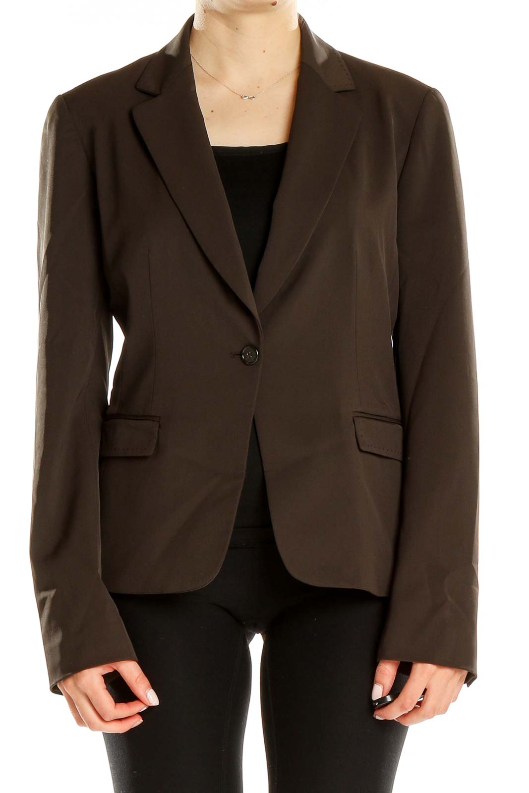 Front view of Tahari brown single-button blazer on model