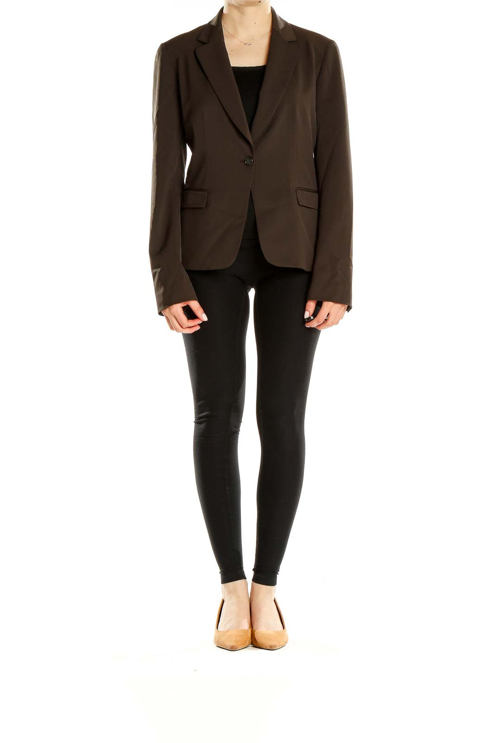 Front view of Tahari brown single-button blazer on model