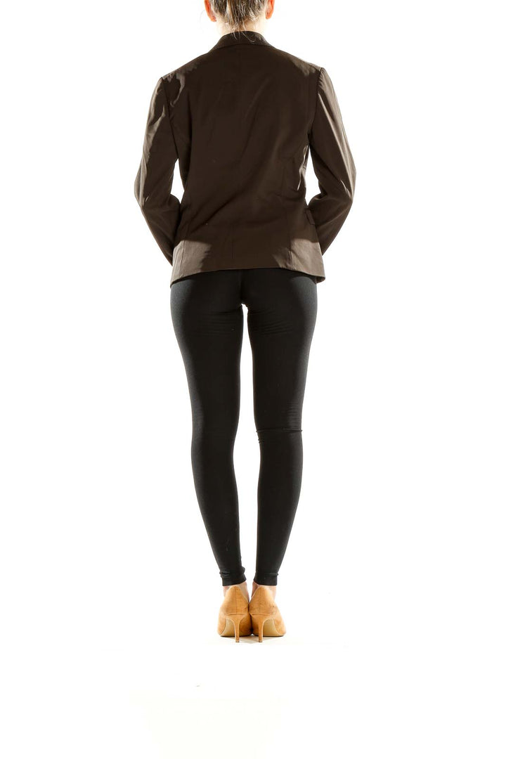 Back view of Tahari brown single-button blazer on model with black pants