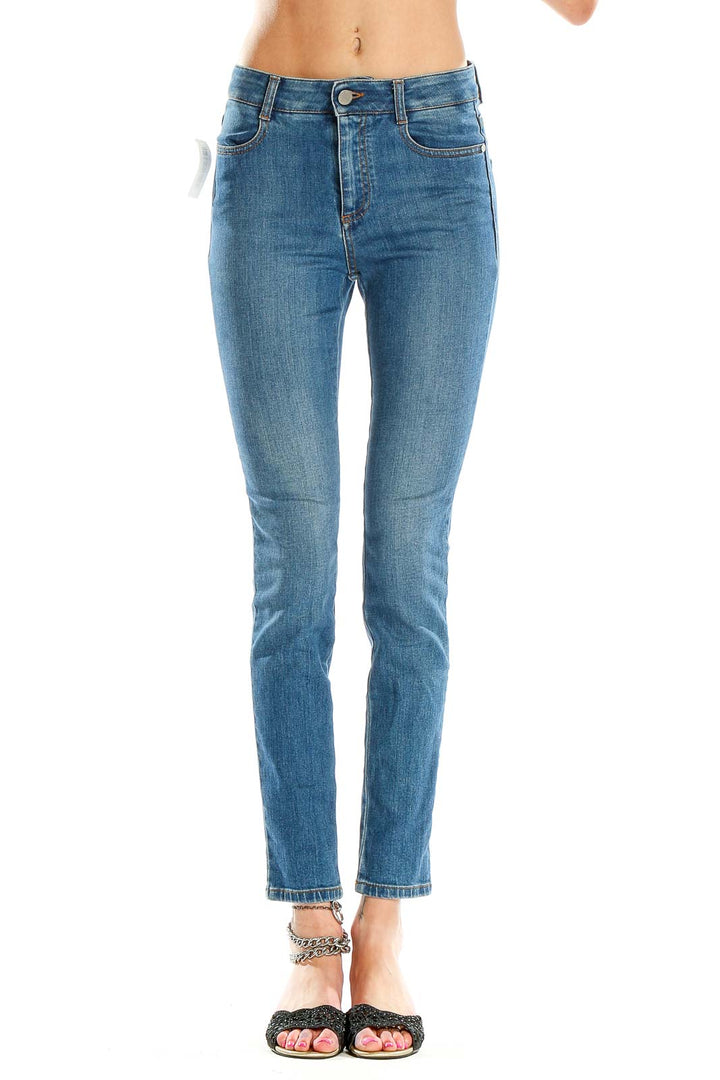 Front view of Stella McCartney blue slim-fit jeans on model