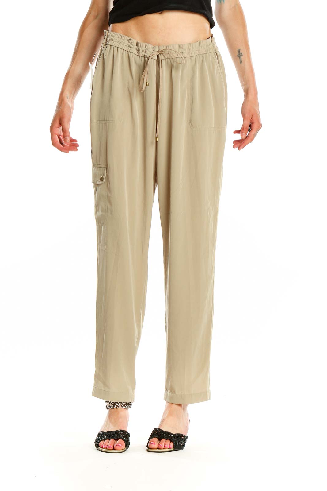 Front view of beige relaxed fit drawstring pants by Jones New York