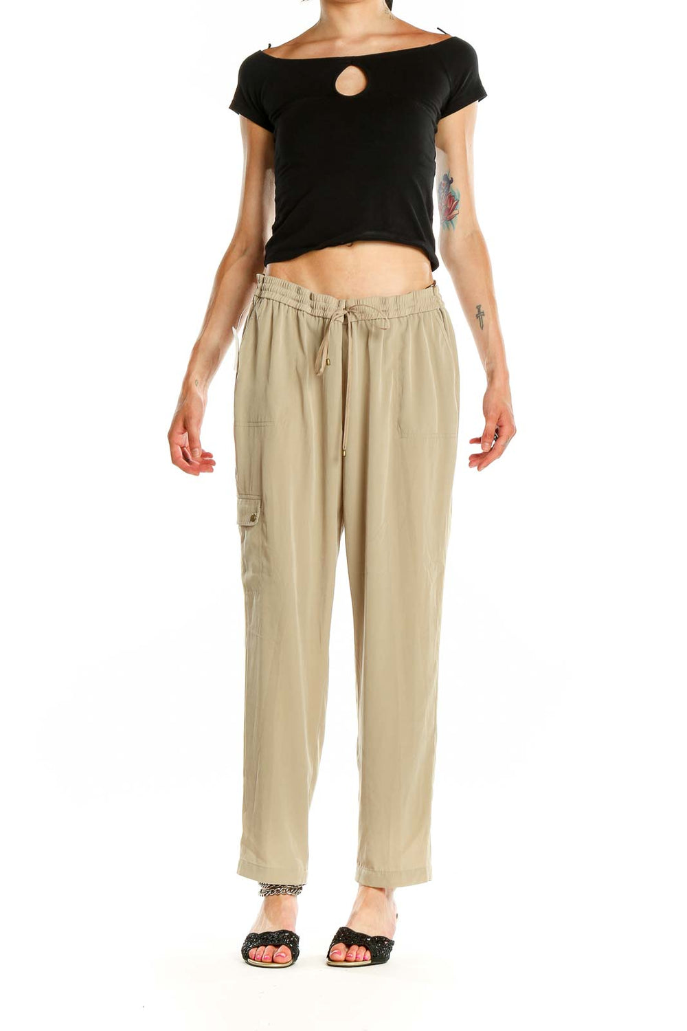 Front view of beige relaxed fit drawstring pants by Jones New York