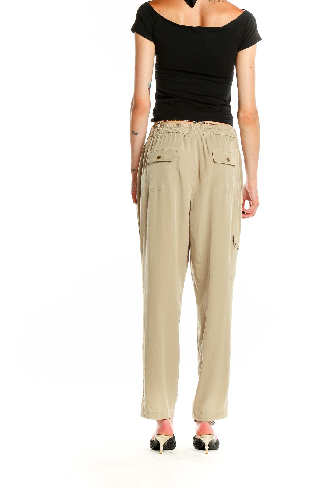Side view of beige relaxed fit drawstring pants by Jones New York on model
