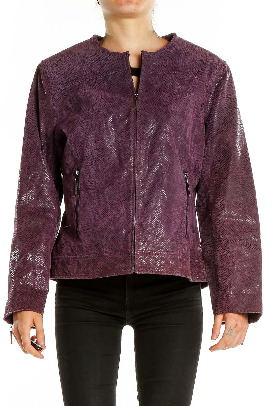 Front view of Terry Lewis purple textured leather jacket with snakeskin pattern