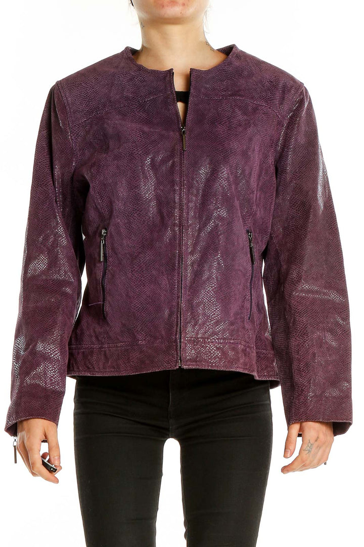 Front view of Terry Lewis purple textured leather jacket with snakeskin pattern