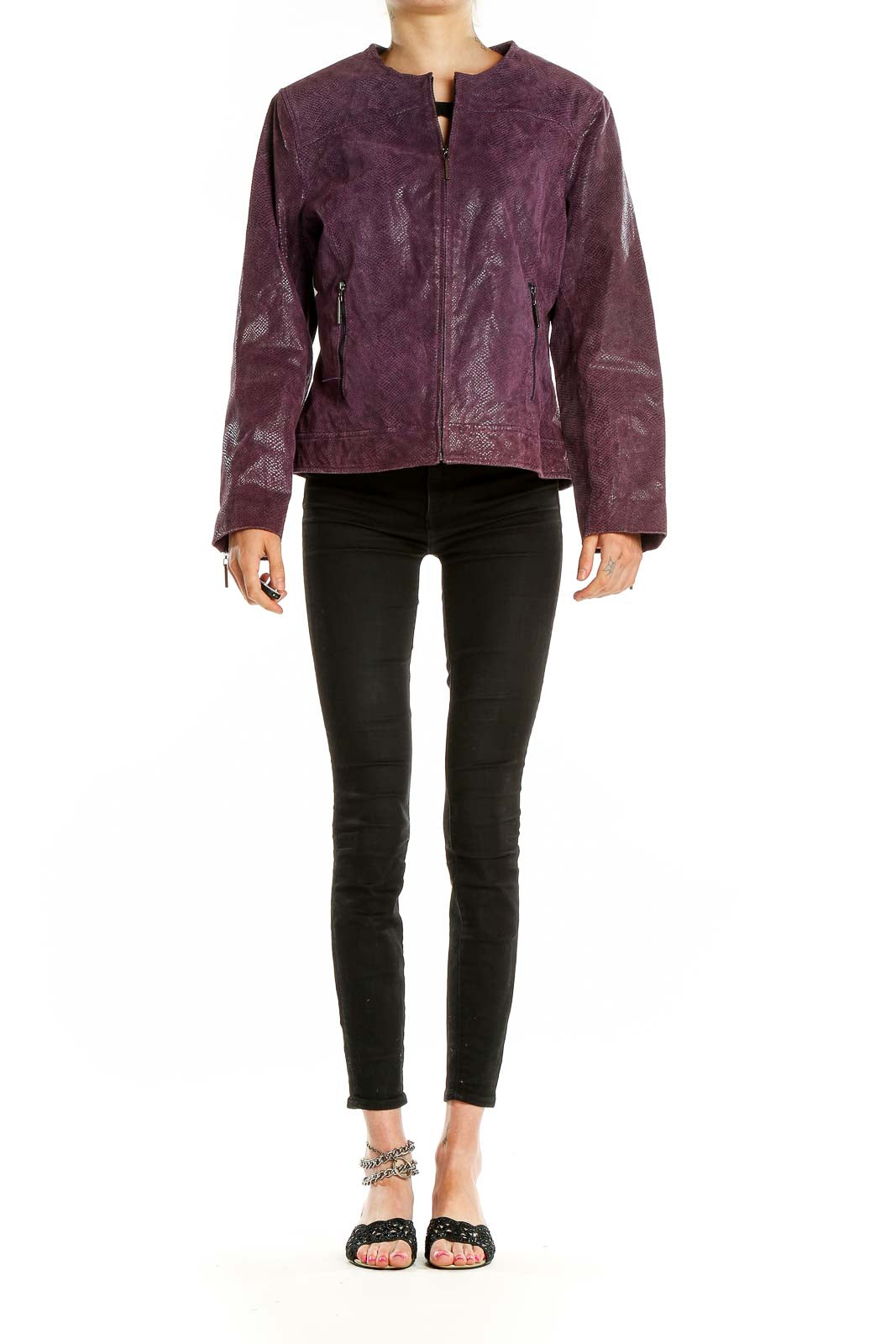 Front view of Terry Lewis purple textured leather jacket with snakeskin pattern