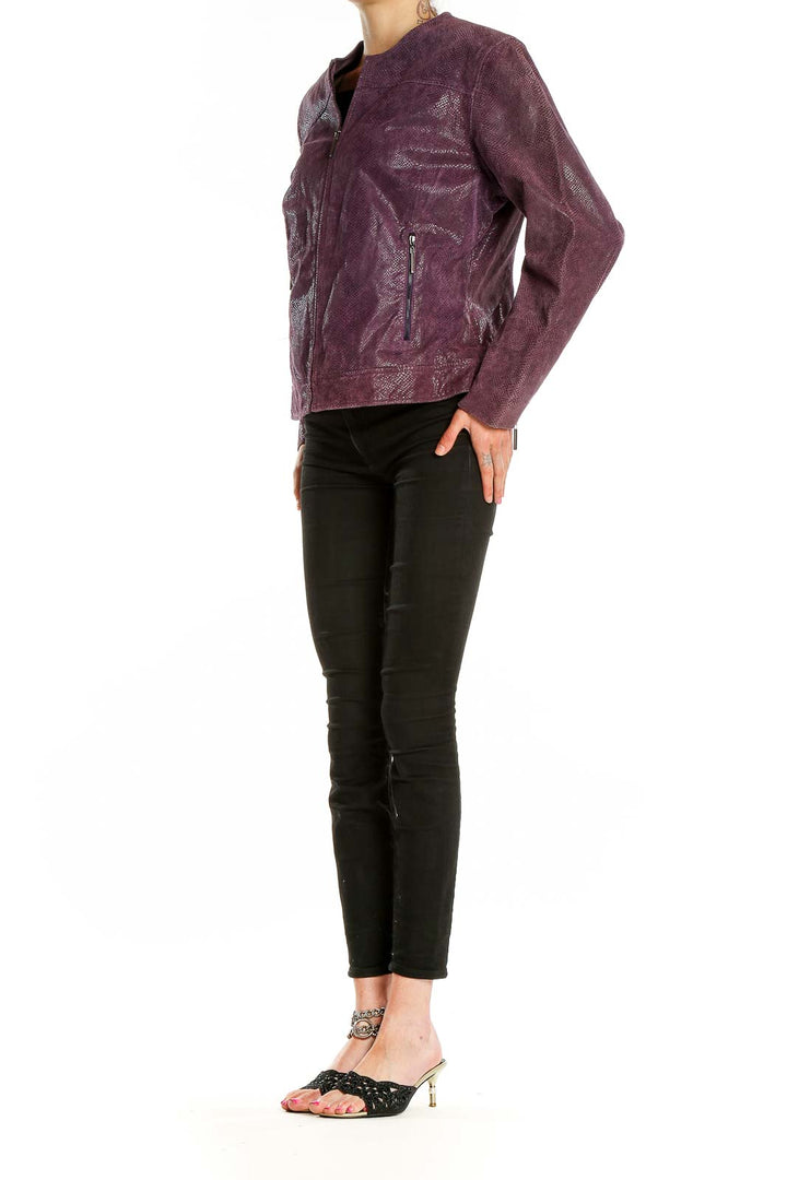 Front view of Terry Lewis purple textured leather jacket with snakeskin pattern
