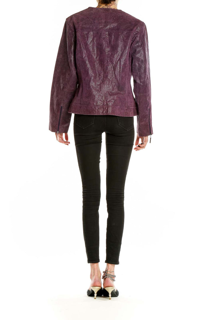 Side view of Terry Lewis purple textured leather jacket showing zippered pockets