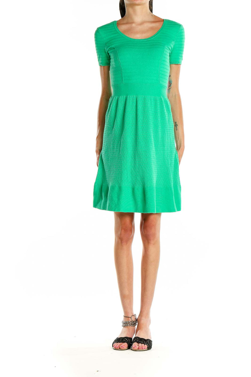 Front view of Cynthia Rowley green ribbed knit fit-and-flare dress