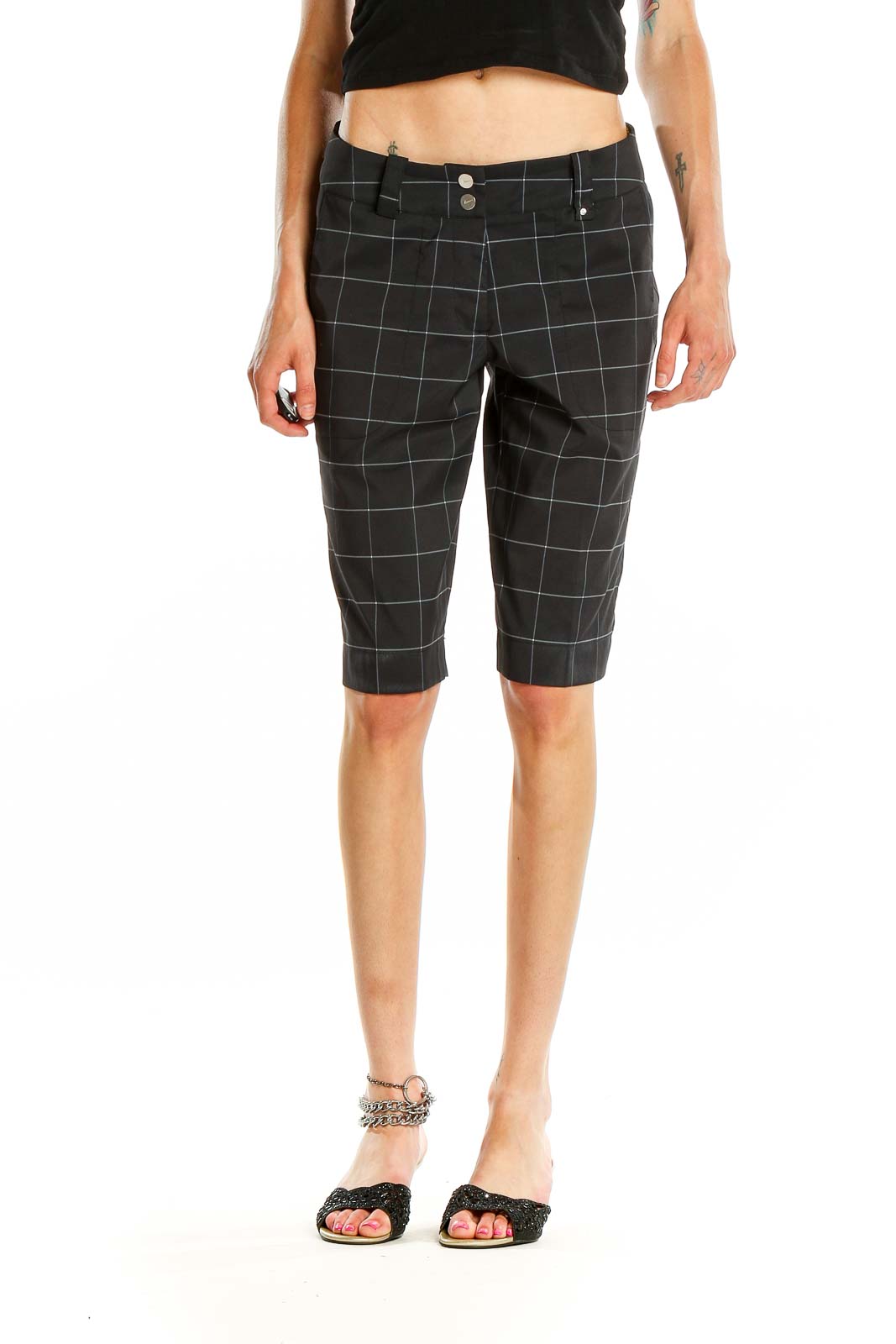 Front view of Nike Golf black plaid shorts with windowpane check pattern