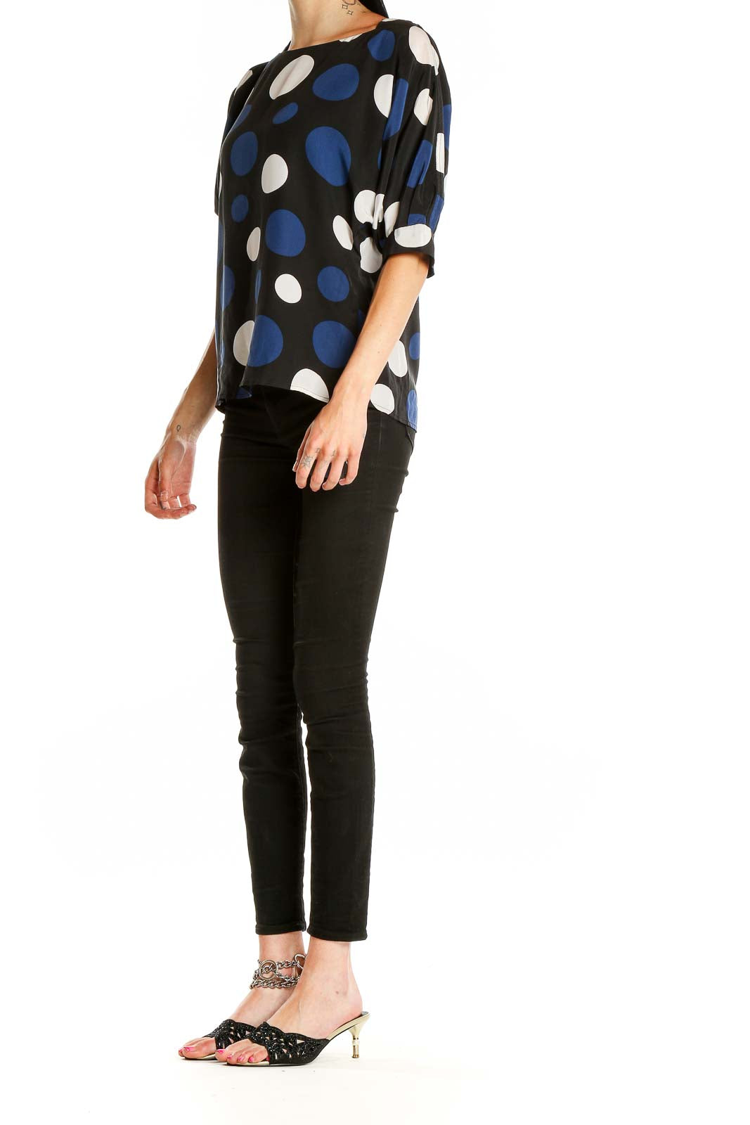 Front view of MICHAEL Michael Kors black blouse with blue and white polka dots