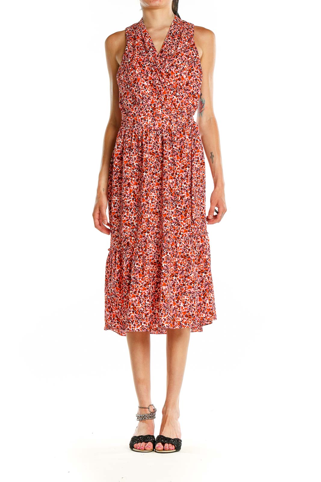 Front view of London Times red floral halter midi dress with tiered skirt