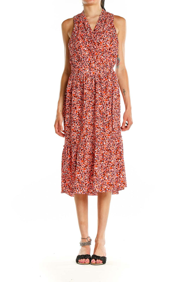 Front view of London Times red floral halter midi dress with tiered skirt
