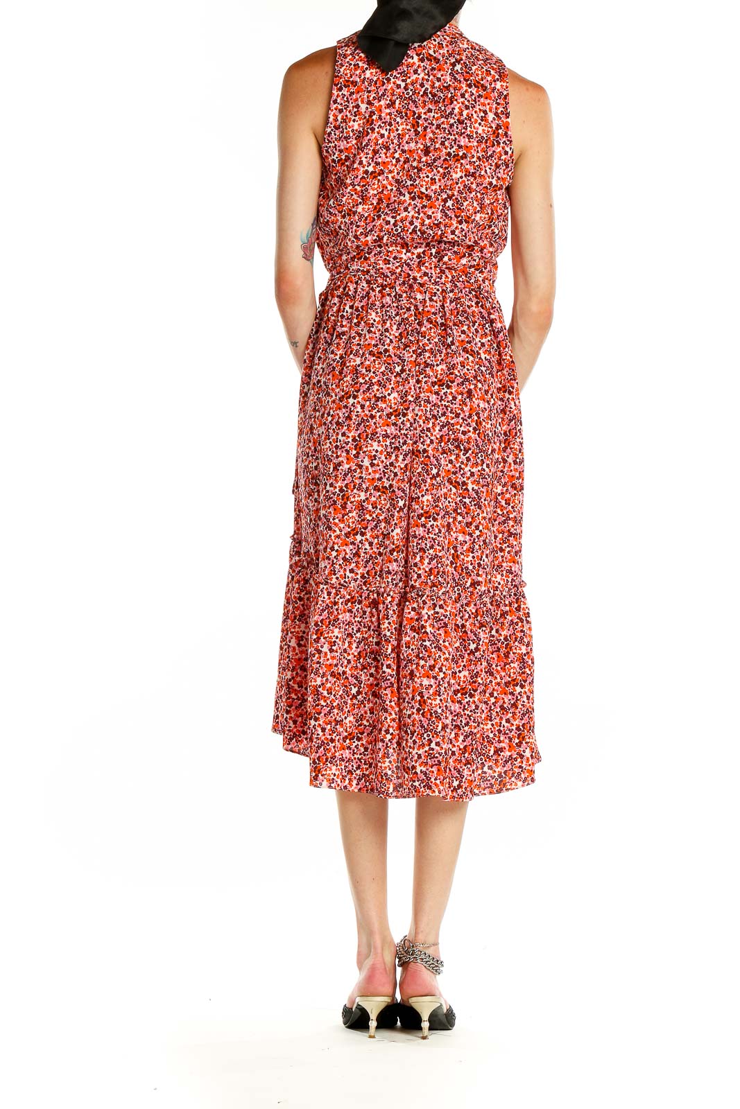 Back view of London Times red floral halter midi dress showing open back design